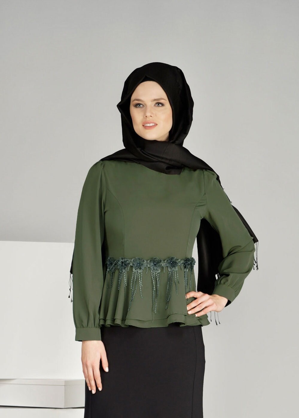 Vêtements hijab KAKI T 1481 Çiçek Desenli Bluz-Ers Fashion