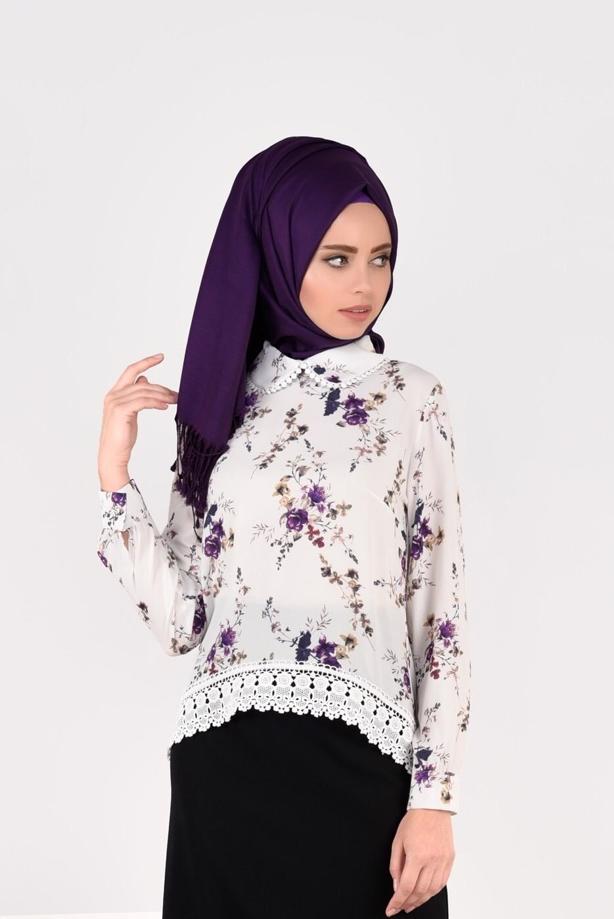 Hijab clothing ECRU FLORAL PATTERN ROUND COLLAR BLOUSE 2011 - TRENDTESETTÜR