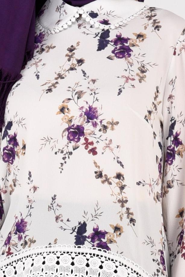 Hijab clothing ECRU FLORAL PATTERN ROUND COLLAR BLOUSE 2011 - TRENDTESETTÜR