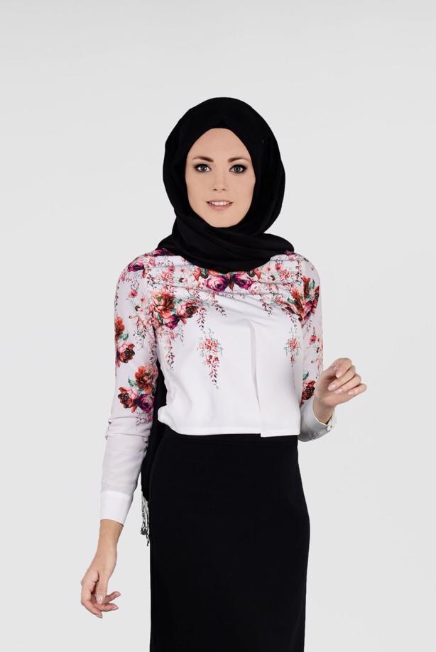 Hijab clothing CREAM FLORAL PATTERN BLOUSE 2601 - TRENDTESETTÜR