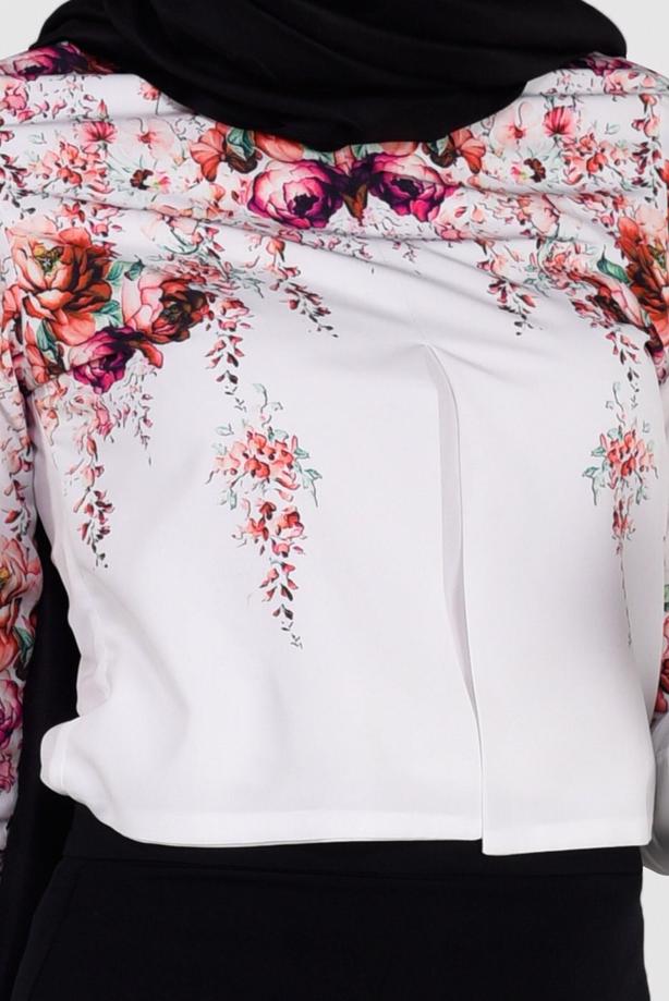 Hijab clothing CREAM FLORAL PATTERN BLOUSE 2601 - TRENDTESETTÜR