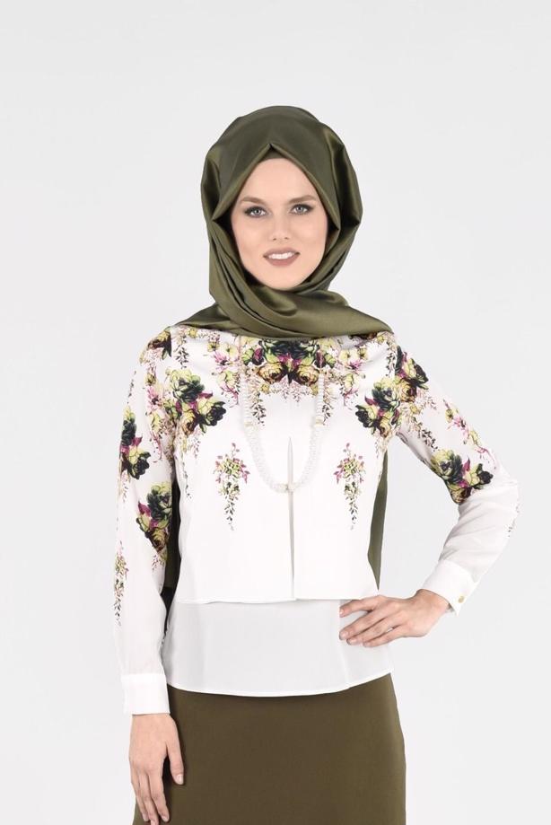 Vêtements hijab CRÈME BLOUSE MOTIF FLEURI 2601 - TRENDTESETTÜR