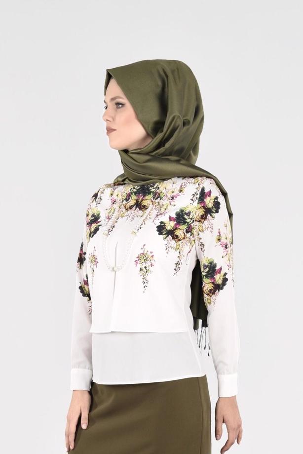 Vêtements hijab CRÈME BLOUSE MOTIF FLEURI 2601 - TRENDTESETTÜR