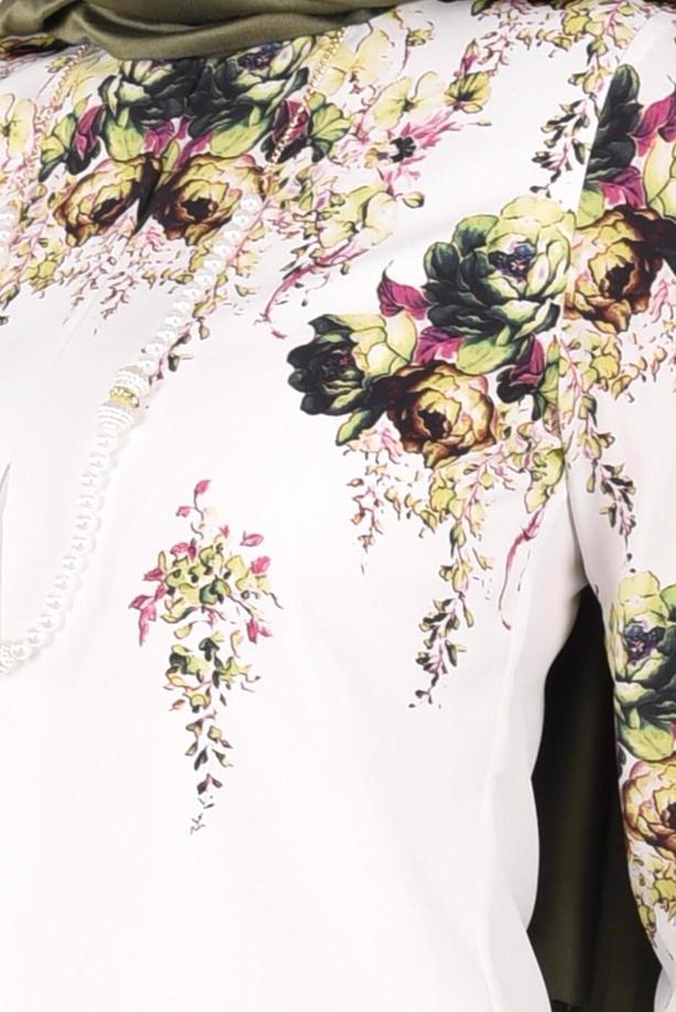 Vêtements hijab CRÈME BLOUSE MOTIF FLEURI 2601 - TRENDTESETTÜR