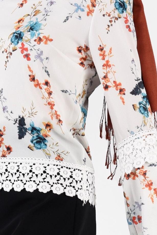 Vêtements hijab ÉCRU BLOUSE MOTIF FLEURI 3011 - TRENDTESETTÜR