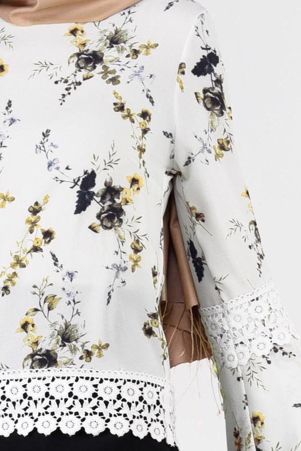 Vêtements hijab ÉCRU BLOUSE MOTIF FLEURI 3011 - TRENDTESETTÜR