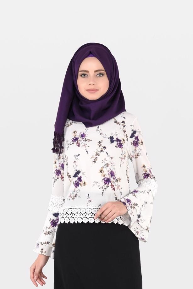 Vêtements hijab ÉCRU BLOUSE MOTIF FLEURI 3011 - TRENDTESETTÜR