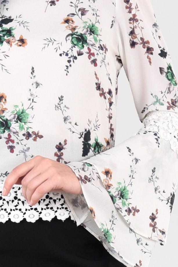 Vêtements hijab ÉCRU BLOUSE MOTIF FLEURI 3011 - TRENDTESETTÜR