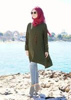 Vêtements hijab KAKI T 3258 Mısra-Hakim Yaka, İşlemeli Tunik