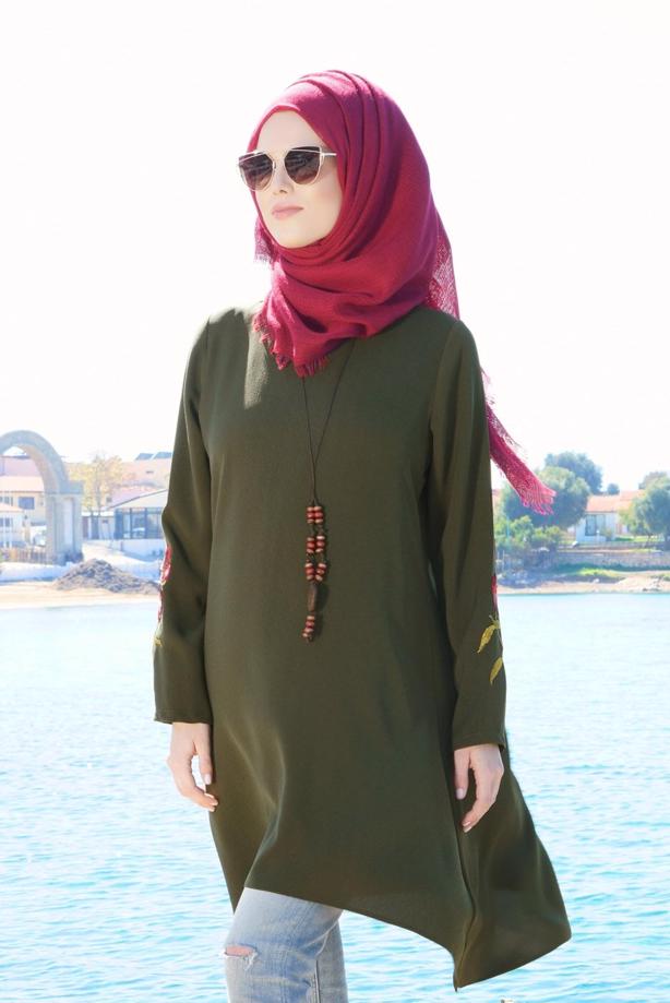 Vêtements hijab  T 3258 Mısra-Hakim Yaka, İşlemeli Tunik - TRENDTESETTÜR