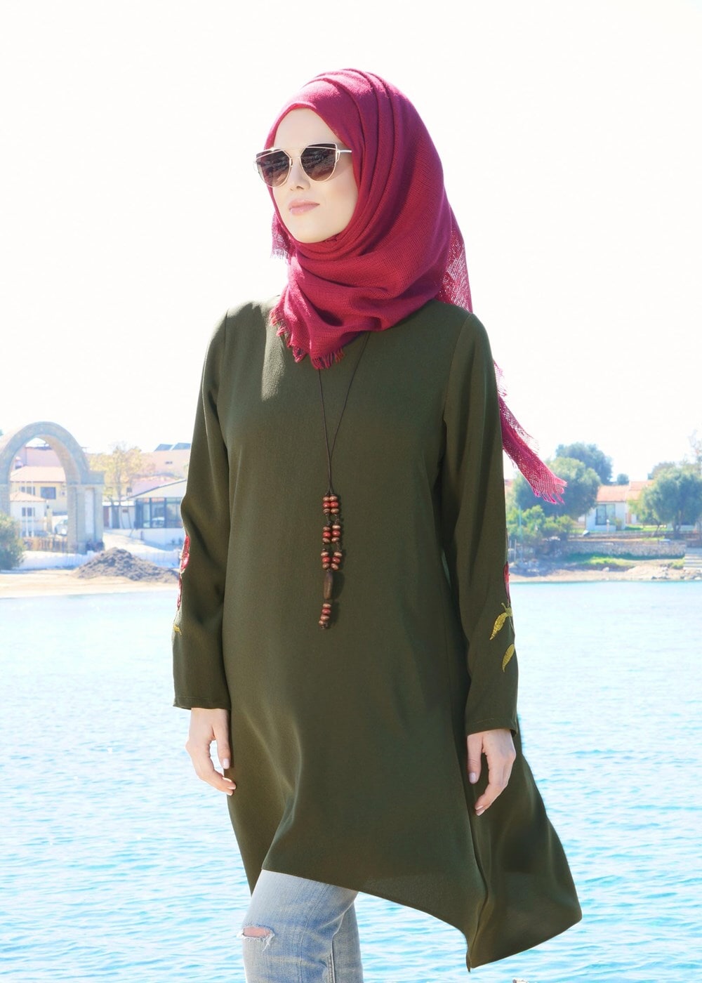 Vêtements hijab KAKI T 3258 Mısra-Hakim Yaka, İşlemeli Tunik