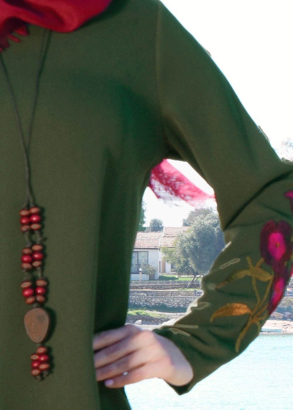 Vêtements hijab KAKI T 3258 Mısra-Hakim Yaka, İşlemeli Tunik