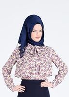 Tesettür giyim KAHVE YAKASI BAĞLAMA DETAYLI DESENLİ BLUZ 4627 