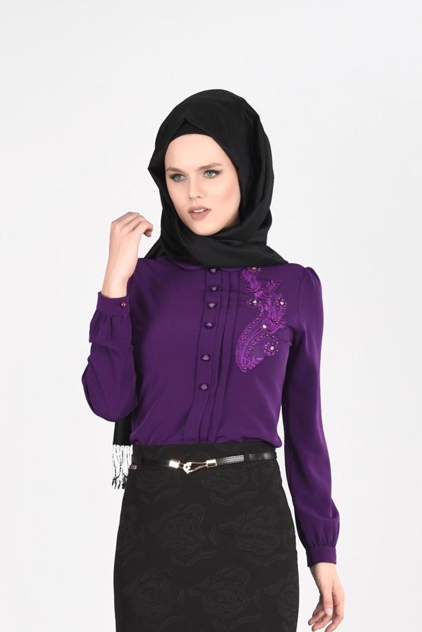 Vêtements hijab  EMBROIDERY DETAIL BUTTONED BLOUSE 5875  - TRENDTESETTÜR