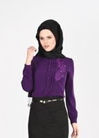 Hijab clothing PURPLE EMBROIDERY DETAIL BUTTONED BLOUSE 5875 