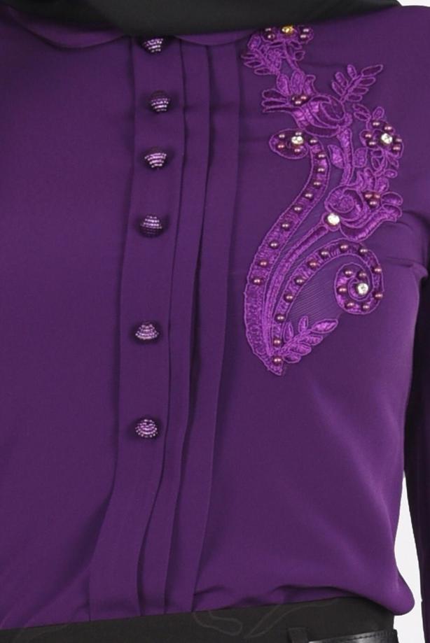 Vêtements hijab  EMBROIDERY DETAIL BUTTONED BLOUSE 5875  - TRENDTESETTÜR