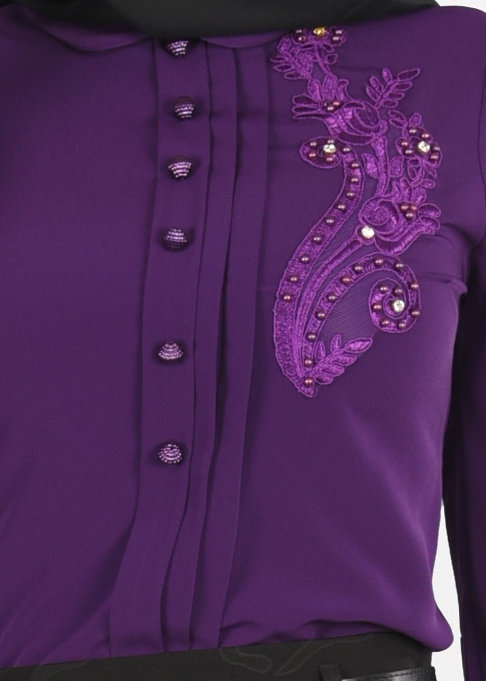 Hijab clothing PURPLE EMBROIDERY DETAIL BUTTONED BLOUSE 5875 