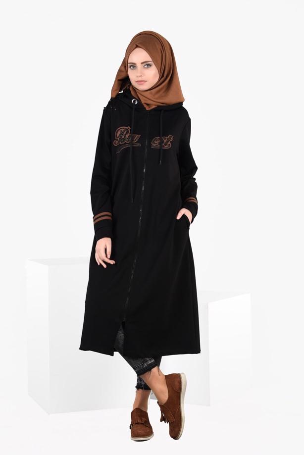 Vêtements hijab NOIR T 7441 Bwest -Kapşonlu Spor Ceket - TRENDTESETTÜR