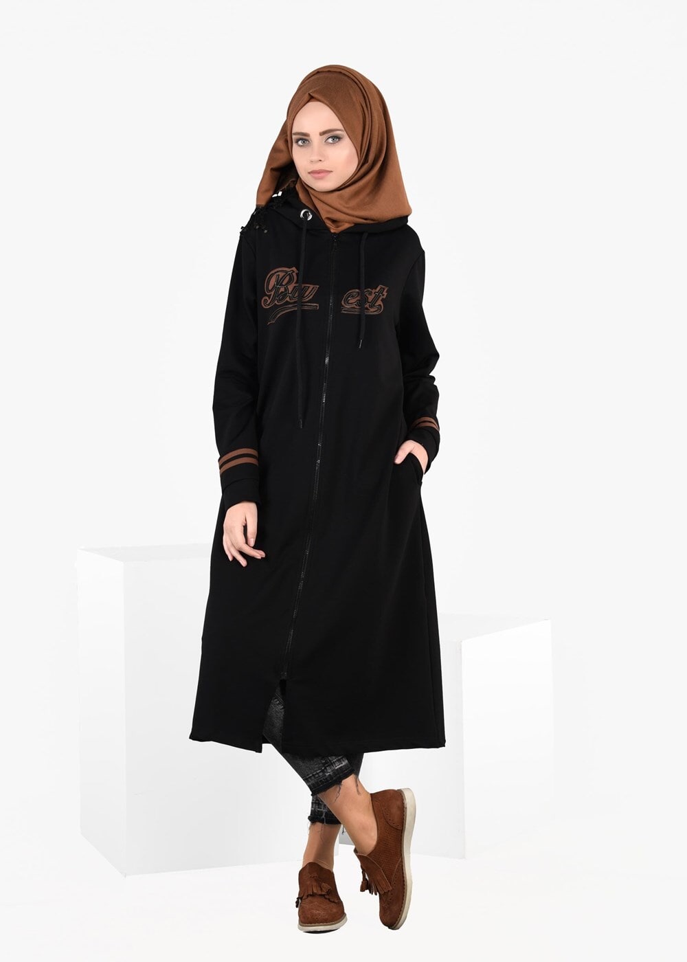 Vêtements hijab NOIR T 7441 Bwest -Kapşonlu Spor Ceket