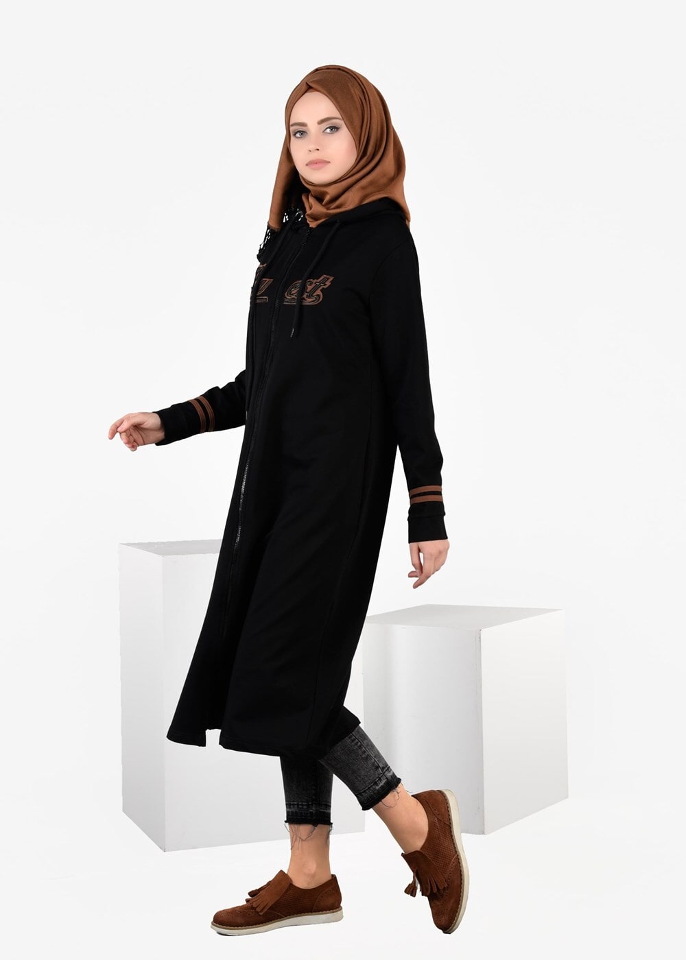 Tesettür giyim SİYAH T 7441 Bwest -Kapşonlu Spor Ceket