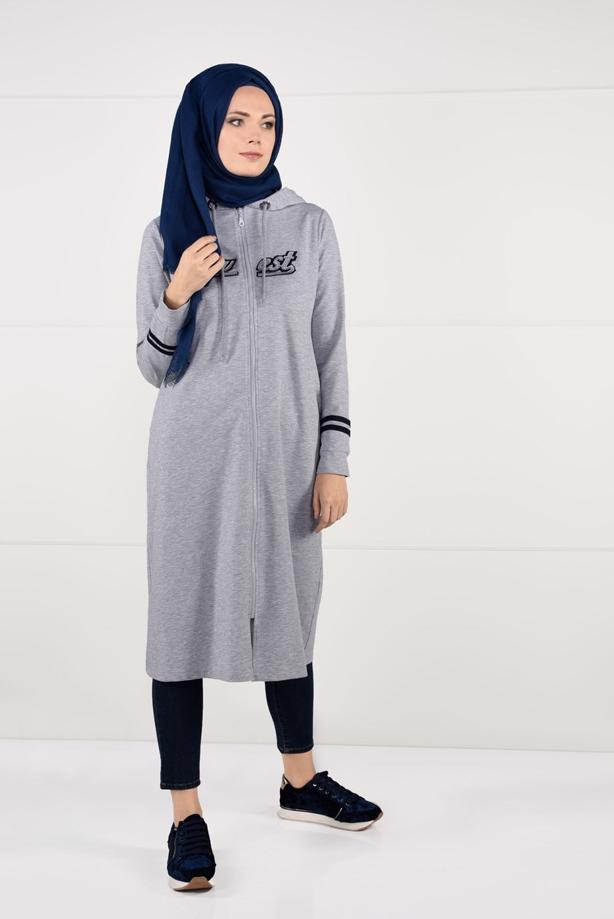Vêtements hijab GRIS T 7441 Bwest -Kapşonlu Spor Ceket - TRENDTESETTÜR