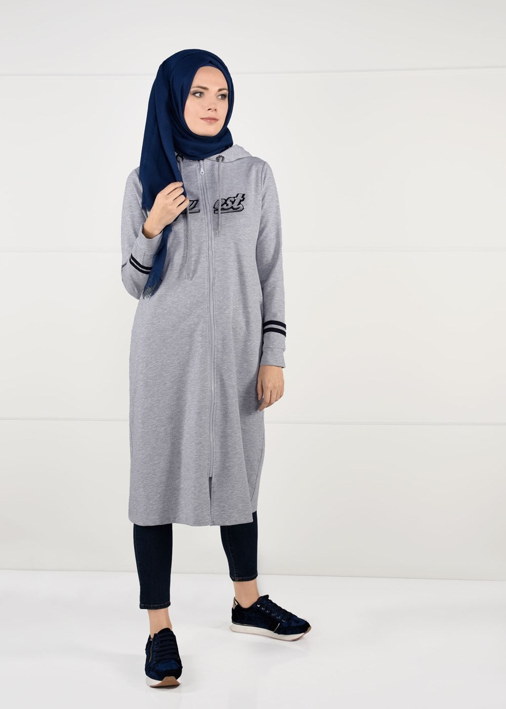 Vêtements hijab GRIS T 7441 Bwest -Kapşonlu Spor Ceket