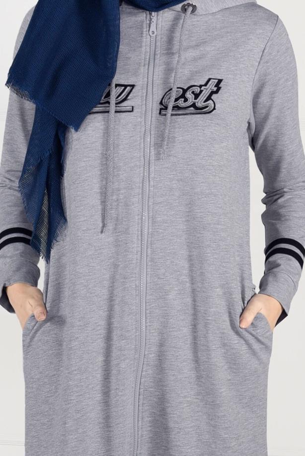 Vêtements hijab GRIS T 7441 Bwest -Kapşonlu Spor Ceket - TRENDTESETTÜR