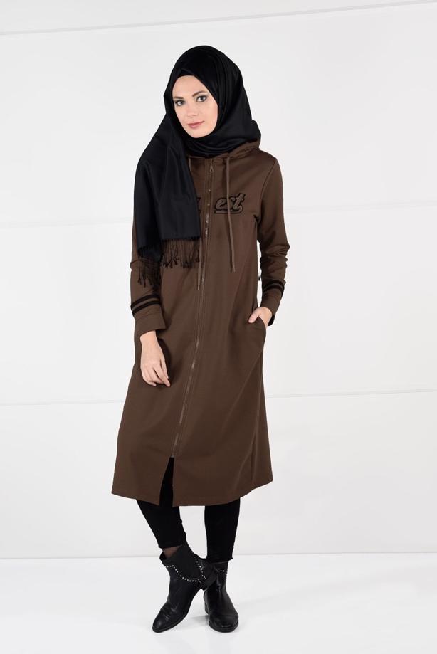 Vêtements hijab BRUN T 7441 Bwest -Kapşonlu Spor Ceket - TRENDTESETTÜR