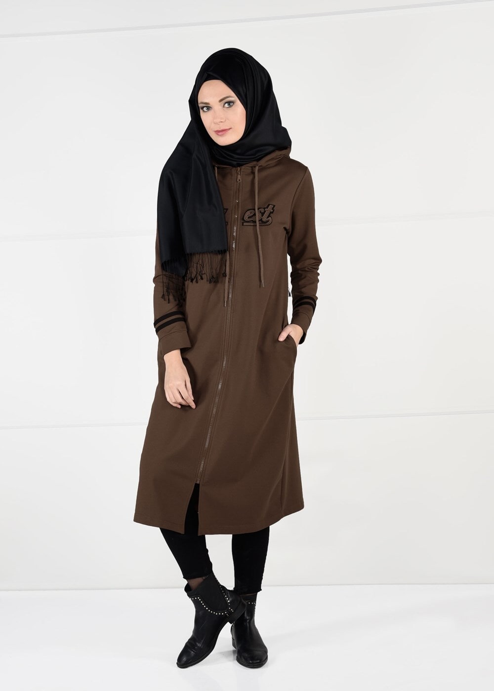 Vêtements hijab BRUN T 7441 Bwest -Kapşonlu Spor Ceket