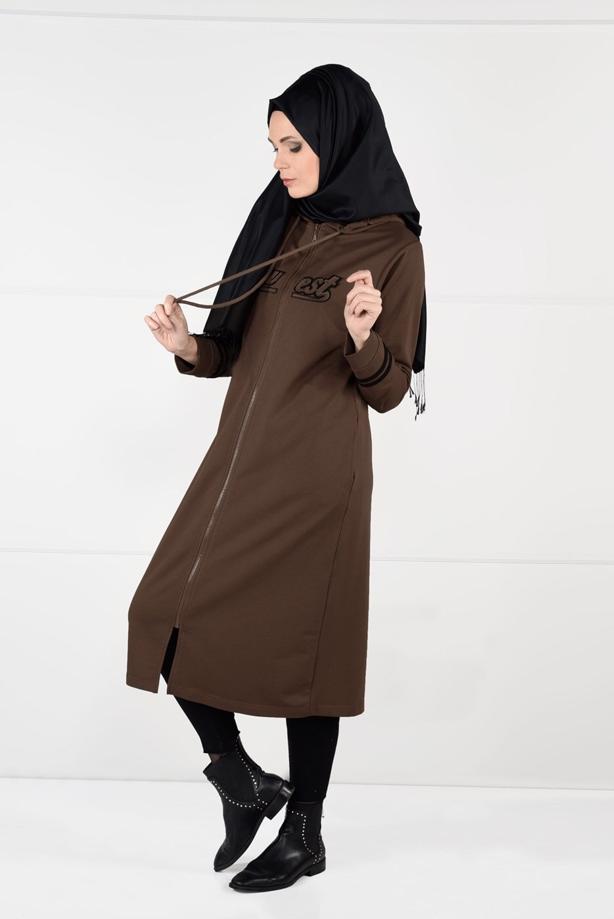 Tesettür giyim KAHVE T 7441 Bwest -Kapşonlu Spor Ceket - TRENDTESETTÜR