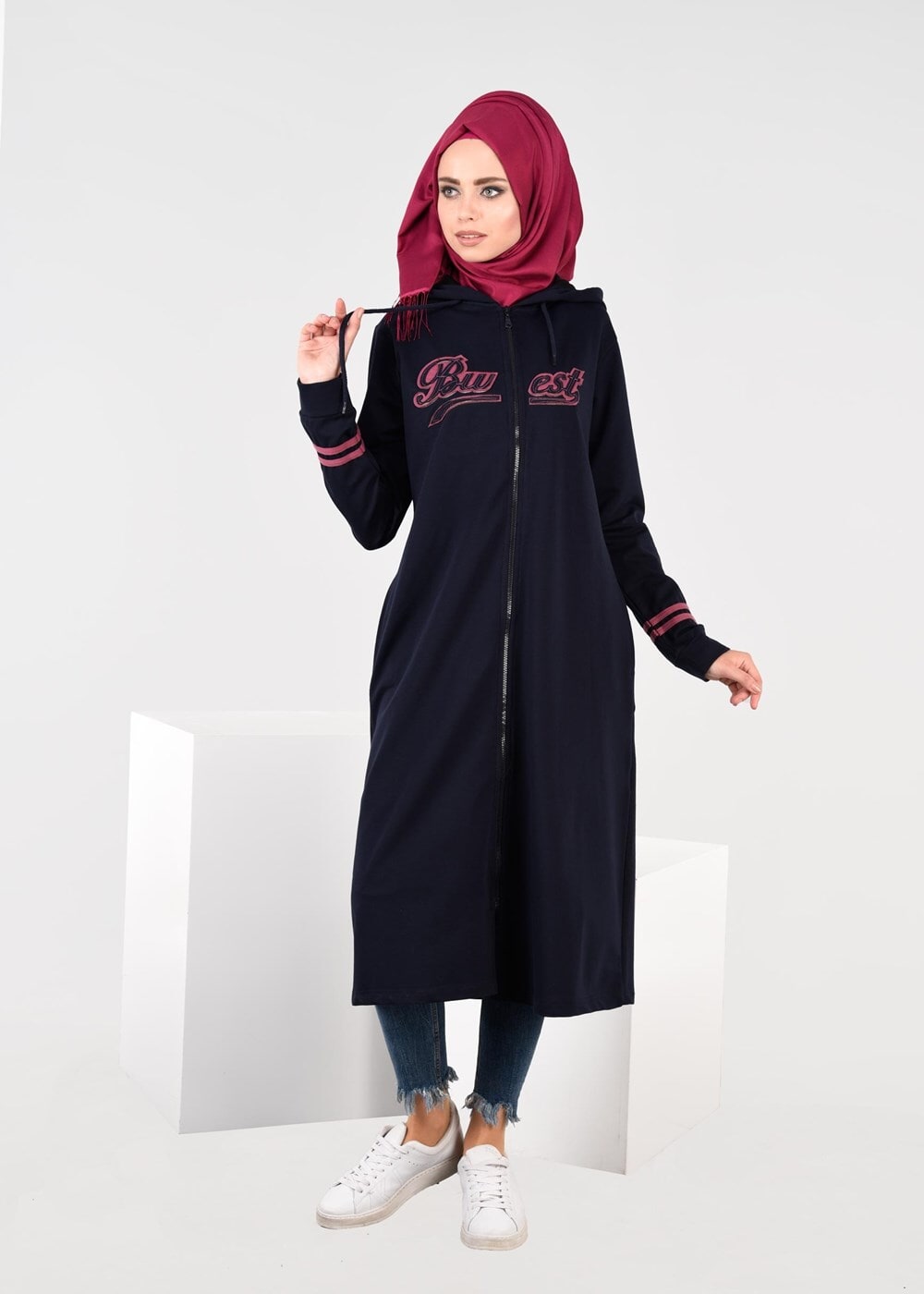 Vêtements hijab BLEU MARINE T 7441 Bwest -Kapşonlu Spor Ceket