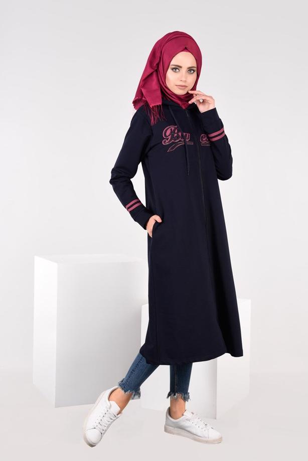 Vêtements hijab BLEU MARINE T 7441 Bwest -Kapşonlu Spor Ceket - TRENDTESETTÜR