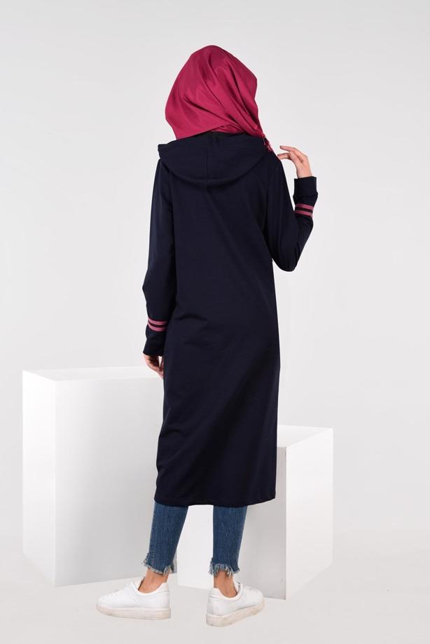 Vêtements hijab BLEU MARINE T 7441 Bwest -Kapşonlu Spor Ceket - TRENDTESETTÜR