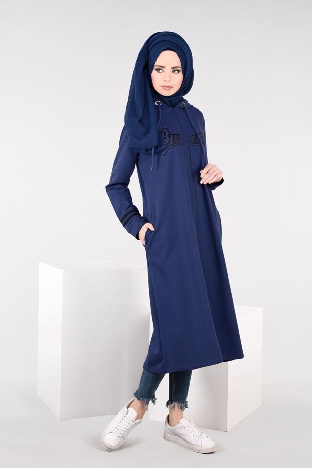 Vêtements hijab BLEU MARINE T 7441 Bwest -Kapşonlu Spor Ceket - TRENDTESETTÜR