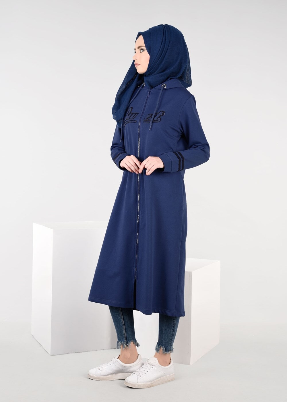 Vêtements hijab BLEU MARINE T 7441 Bwest -Kapşonlu Spor Ceket