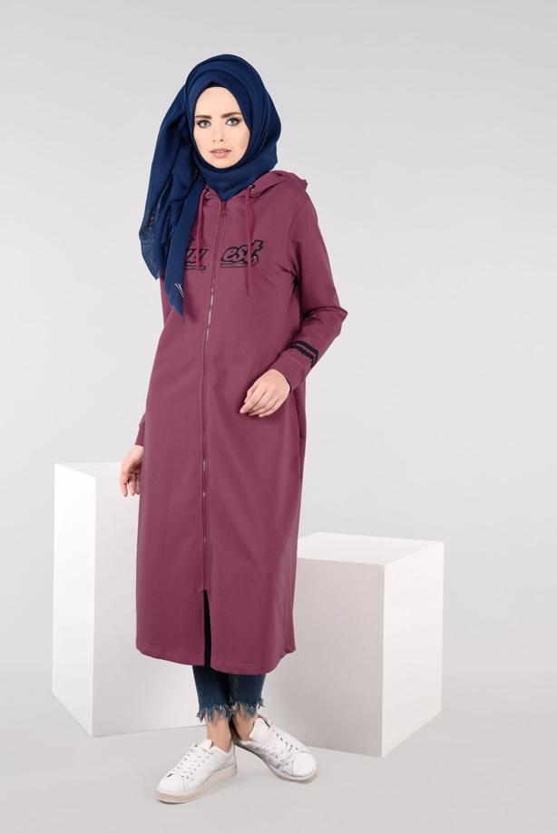 Tesettür giyim BORDO T 7441 Bwest -Kapşonlu Spor Ceket - TRENDTESETTÜR