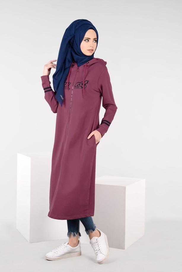 Tesettür giyim BORDO T 7441 Bwest -Kapşonlu Spor Ceket - TRENDTESETTÜR