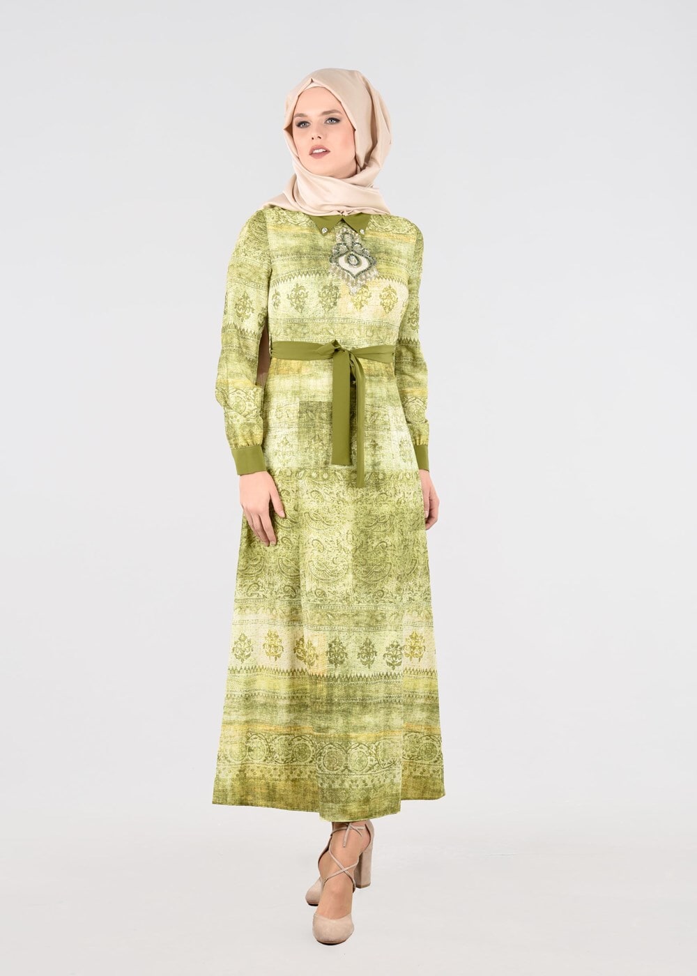 Hijab clothing GREEN T 4349 Rosa Tesettür Elbise-Alv Fashion