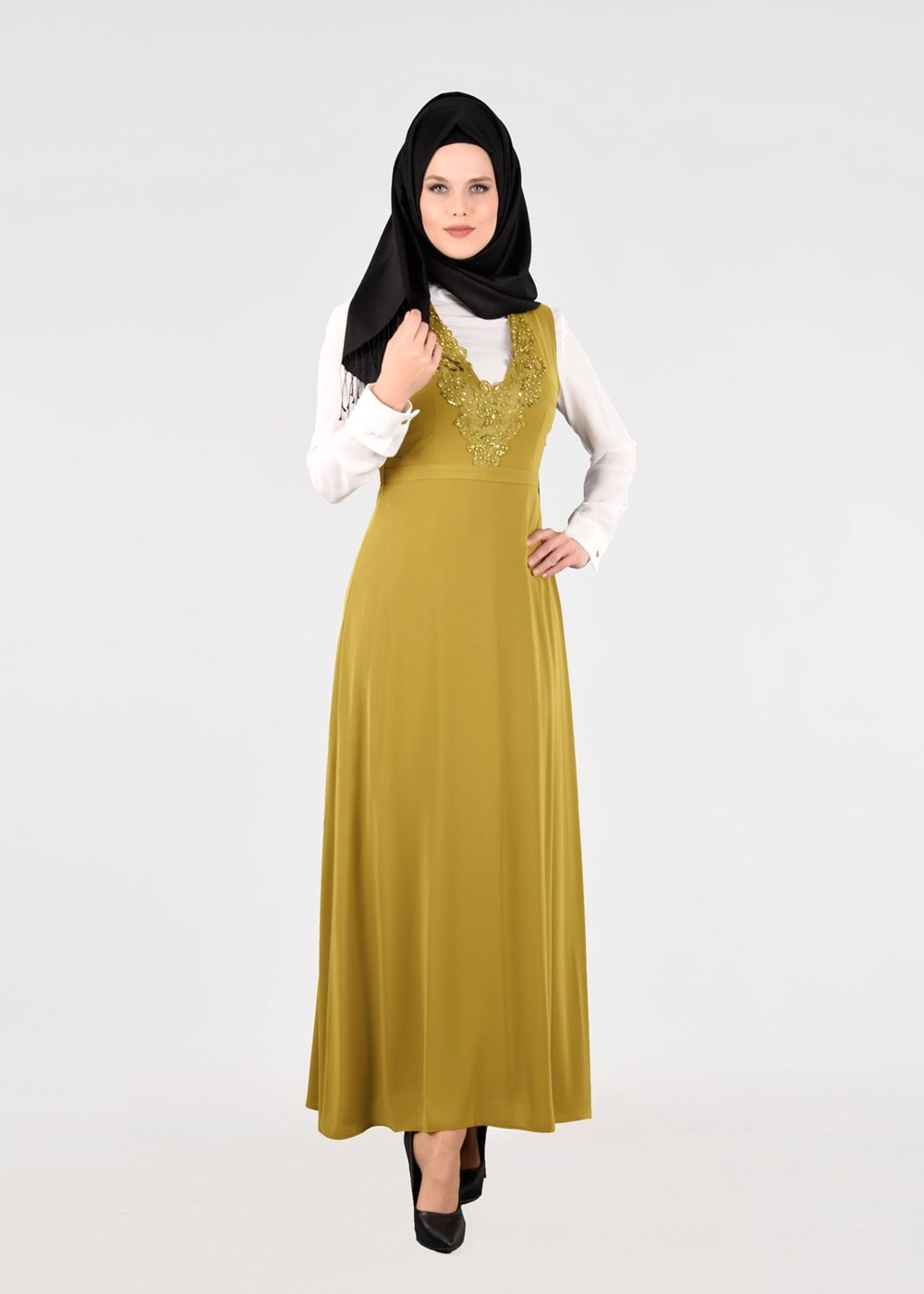Tesettür giyim SARI T 4568 New Alya 2&prime;li Tesettür Elbise-Alv Fashion