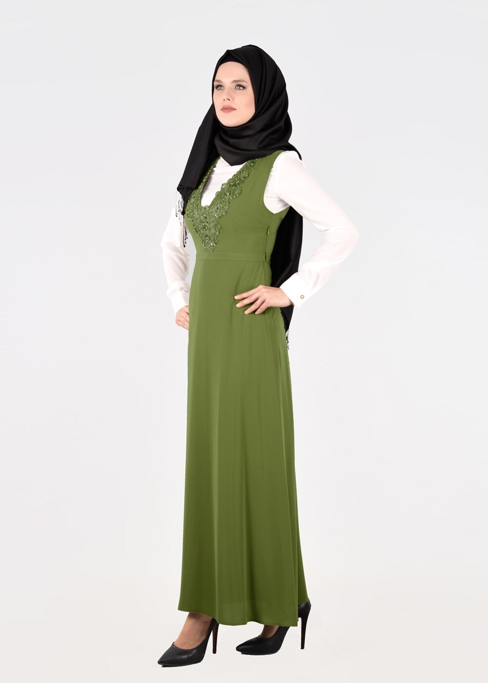 Tesettür giyim YEŞİL T 4568 New Alya 2&prime;li Tesettür Elbise-Alv Fashion