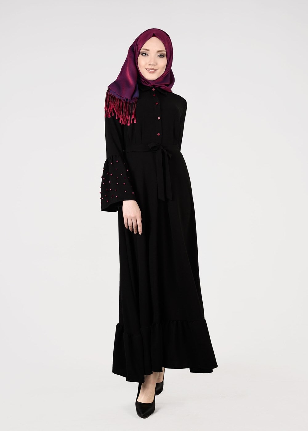 Tesettür giyim SİYAH T 0515 Asmiray-İncili Elbise