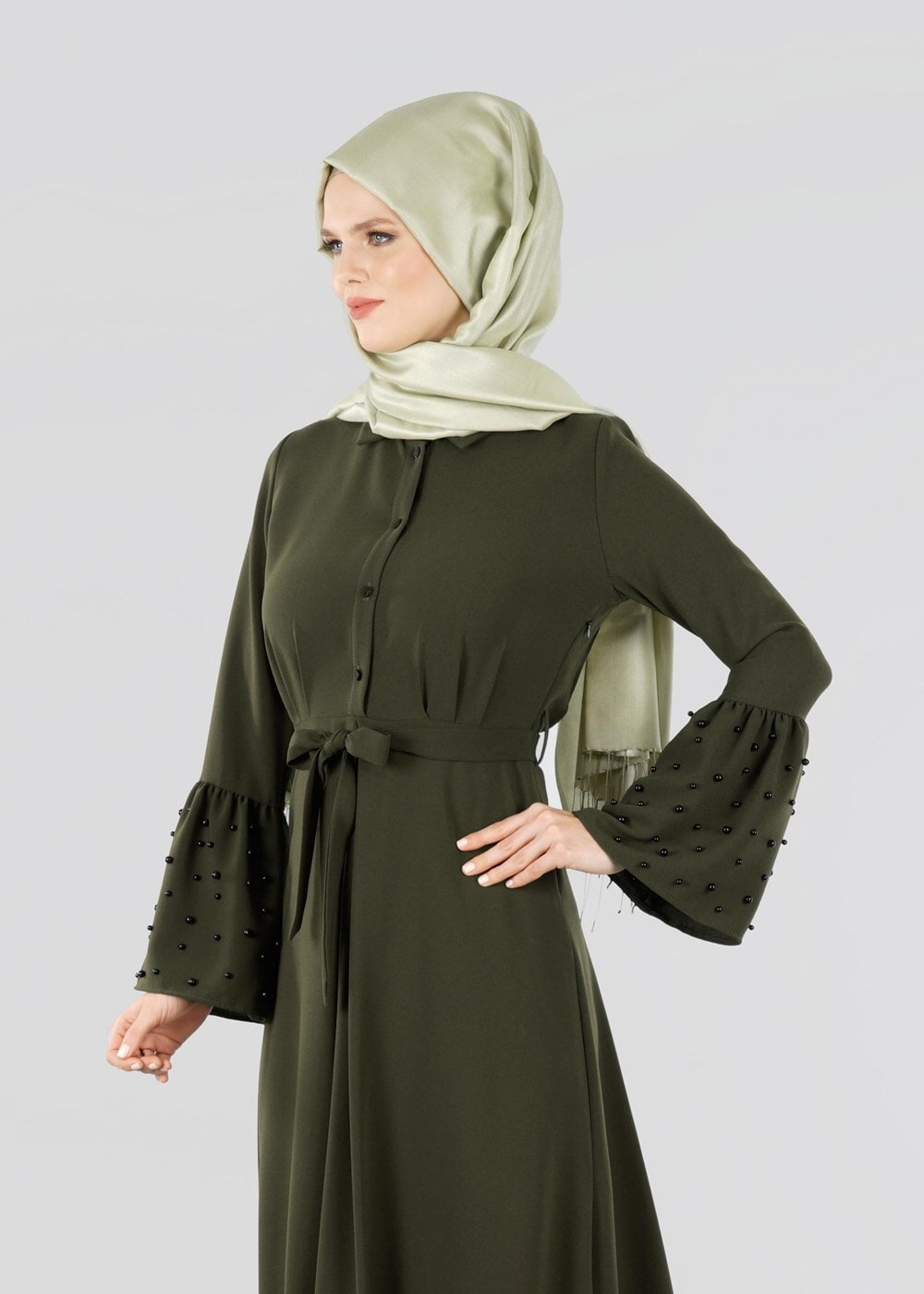 Tesettür giyim HAKİ T 0515 Asmiray-İncili Elbise