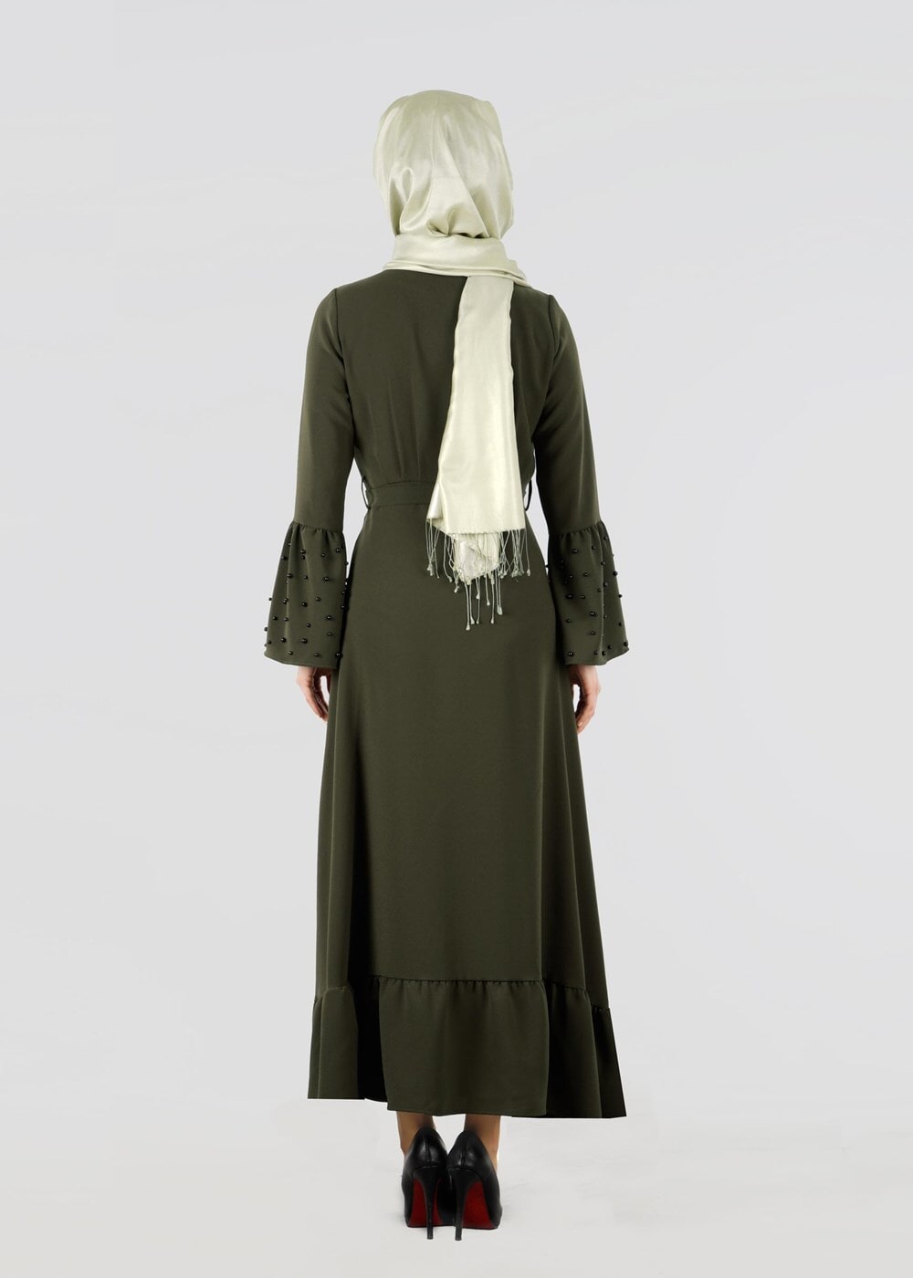 Tesettür giyim HAKİ T 0515 Asmiray-İncili Elbise