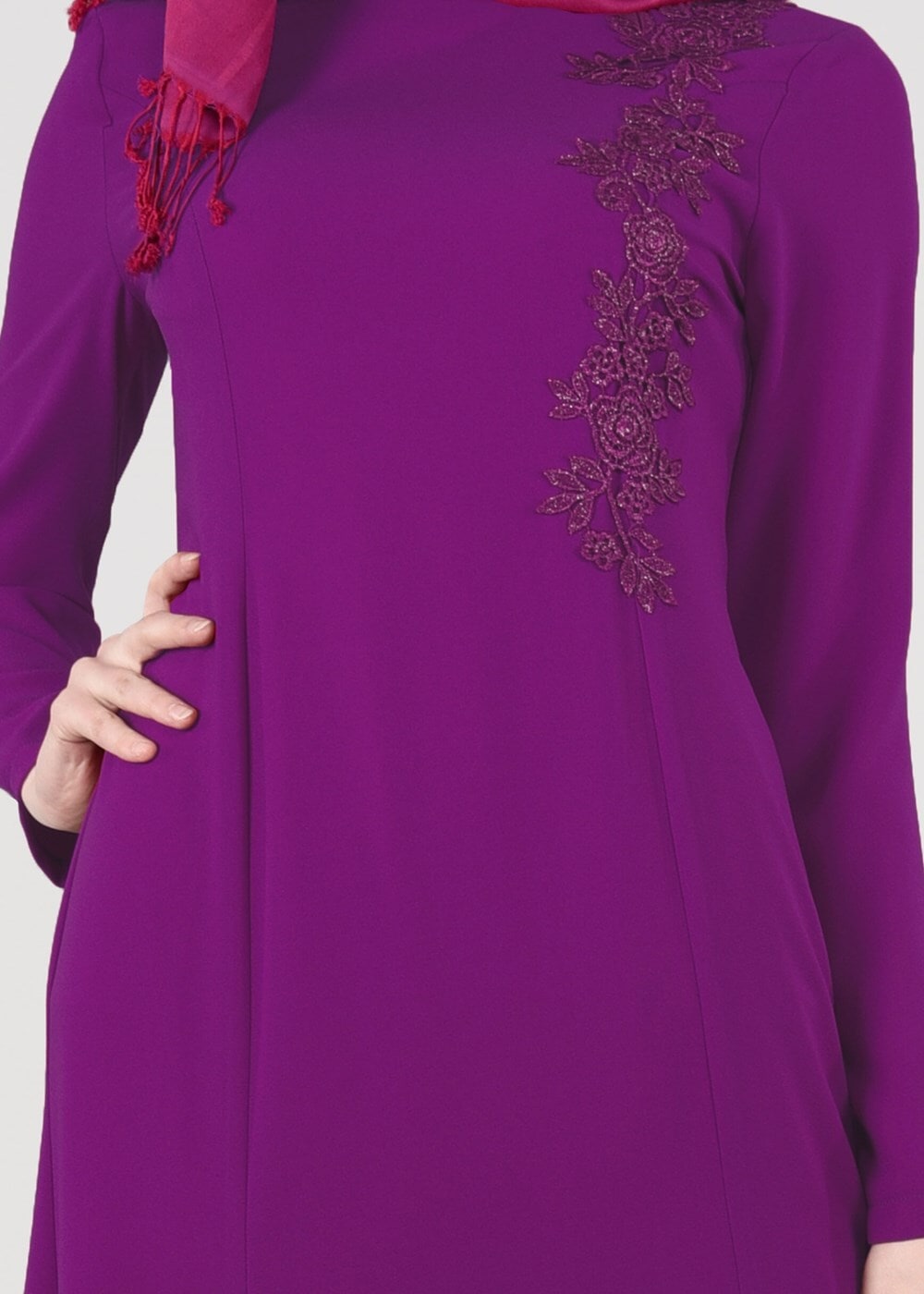 Tesettür giyim FUŞYA T 3166 By Korkut-Güpür Detaylı Elbise