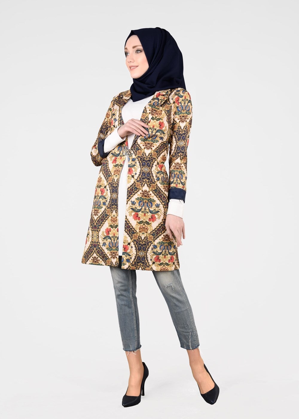 Tesettür giyim LACİVERT ETNİK DESENLİ CEKET 4507 
