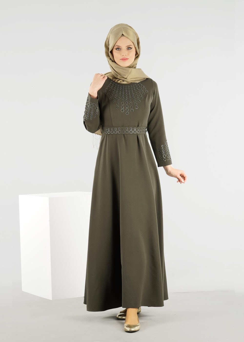 Vêtements hijab KAKI T 4773  Funda-Boncuk İşlemeli Elbise