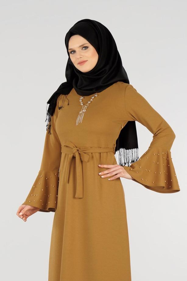 Tesettür giyim  T 5873 Modabu-Kolu Volanlı İncili Elbise - TRENDTESETTÜR