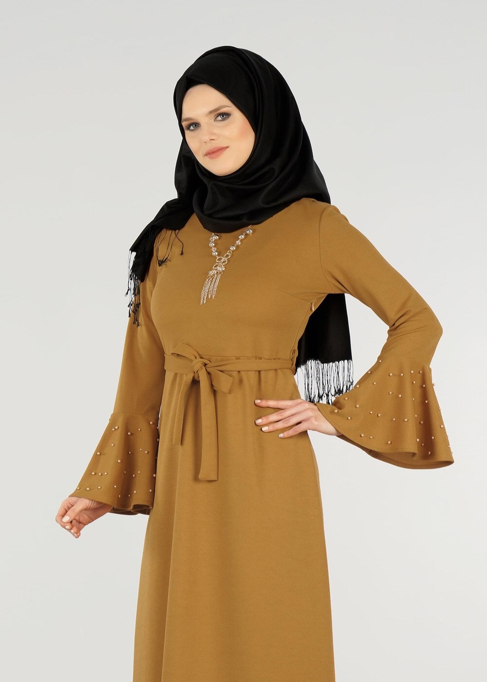 Tesettür giyim TURUNCU T 5873 Modabu-Kolu Volanlı İncili Elbise
