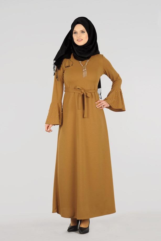 Tesettür giyim  T 5873 Modabu-Kolu Volanlı İncili Elbise - TRENDTESETTÜR