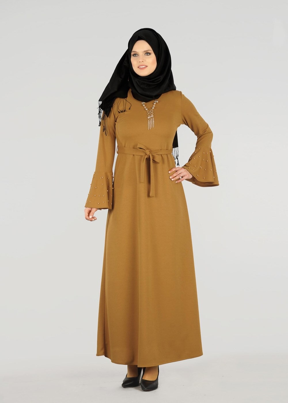 Tesettür giyim TURUNCU T 5873 Modabu-Kolu Volanlı İncili Elbise